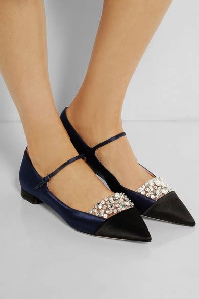 miu miu crystal-embellished satin point-toe flats|More.